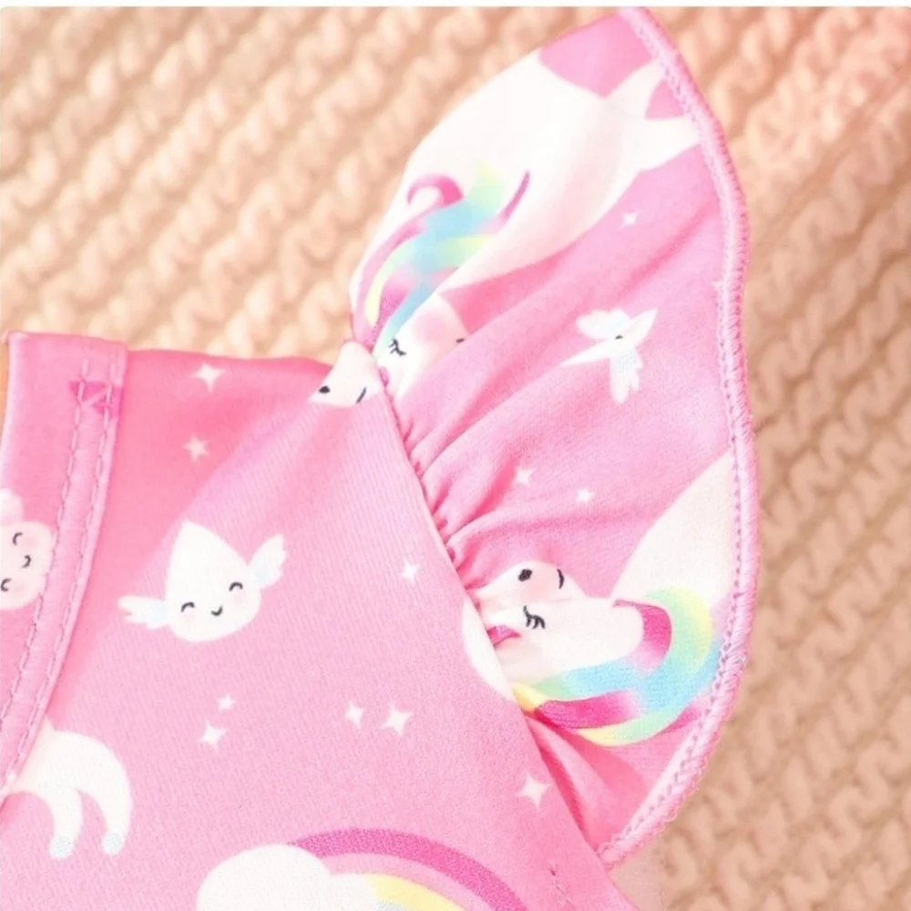 Whimsical Pink Unicorn And Rainbows Flutter Sleeve Shirt And Shorts Set